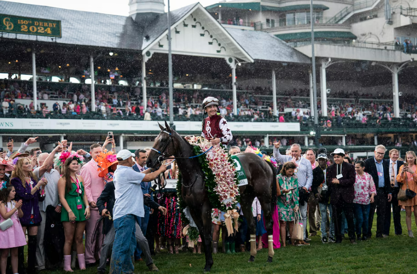 A horse decorated with a blanket of Stargazer Lilies is surrounded by people as they pose for a photo